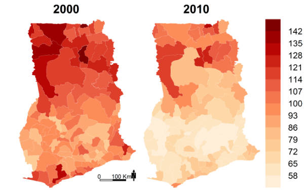Map showing mortality rates for children under 5 in deaths per 1,000 in Ghana
